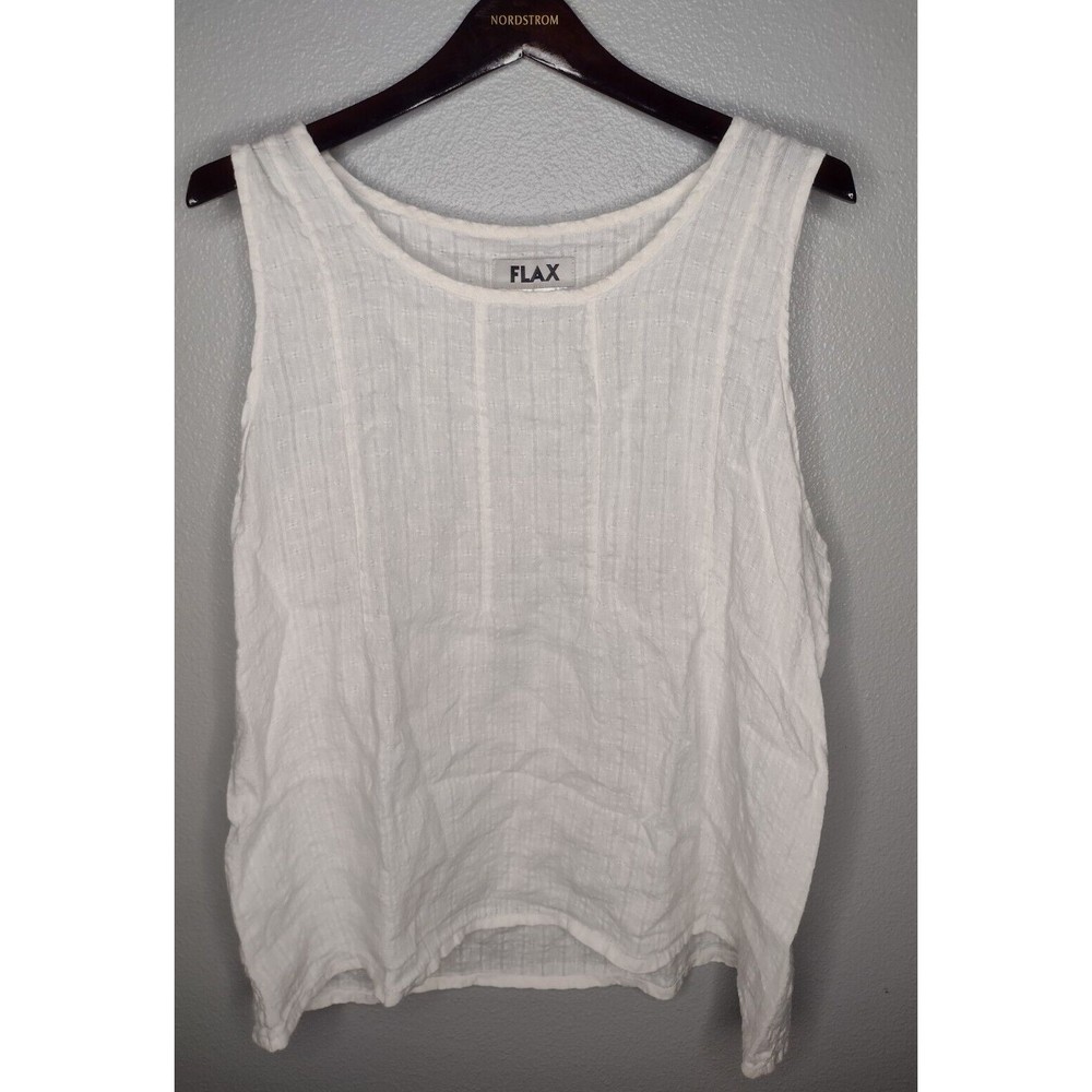 FLAX Womens 100% Linen Tank Top Large White Striped Lagenlook Minimalist S1